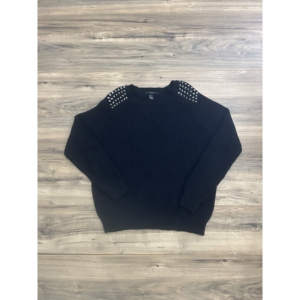 Forever 21 Crew Neck Pullover Knitted Sweater Oversize Small Black With Spikes